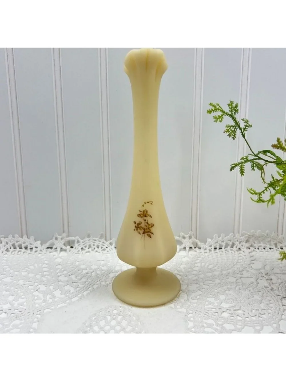 Fenton Custard Glass Satin Pedestal Swung Bud Vase Hand Painted Artist Signed